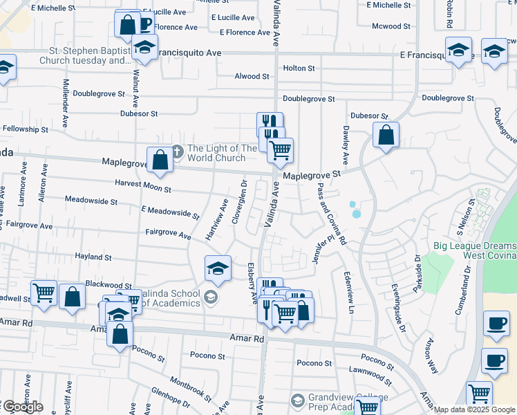 map of restaurants, bars, coffee shops, grocery stores, and more near 16309 East Lemongrass Court in La Puente