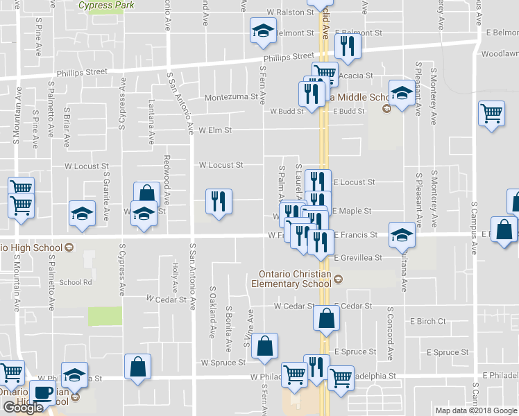 map of restaurants, bars, coffee shops, grocery stores, and more near 1712 South Fern Avenue in Ontario