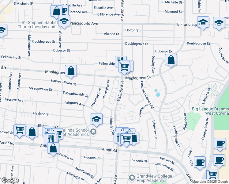 map of restaurants, bars, coffee shops, grocery stores, and more near 16320 East Cherry Blossom Lane in La Puente