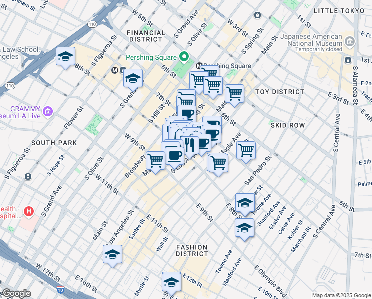 map of restaurants, bars, coffee shops, grocery stores, and more near 113 East 8th Street in Los Angeles