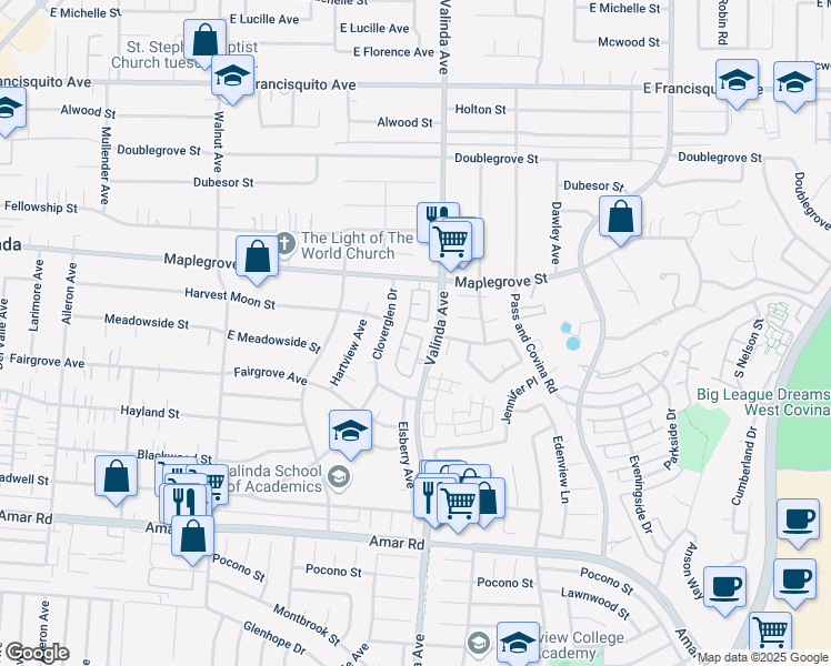 map of restaurants, bars, coffee shops, grocery stores, and more near 1221 North Harvest Walk Drive in La Puente