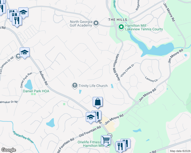 map of restaurants, bars, coffee shops, grocery stores, and more near 1466 Highland Heights Trail in Dacula