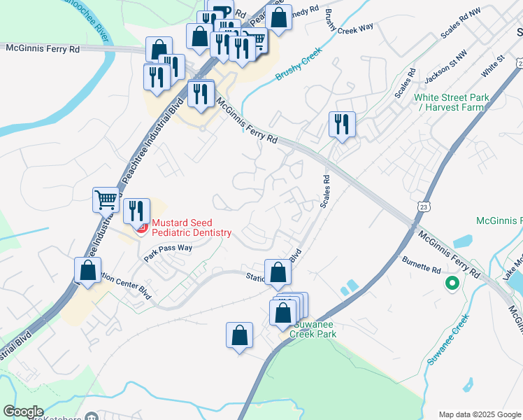 map of restaurants, bars, coffee shops, grocery stores, and more near 1049 Lake Pointe Court in Suwanee