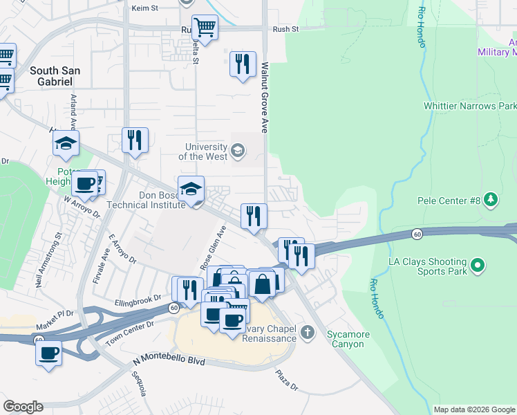 map of restaurants, bars, coffee shops, grocery stores, and more near 8561 East Village Lane in Rosemead