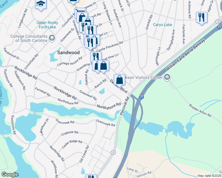 map of restaurants, bars, coffee shops, grocery stores, and more near 1635 Decker Boulevard in Columbia