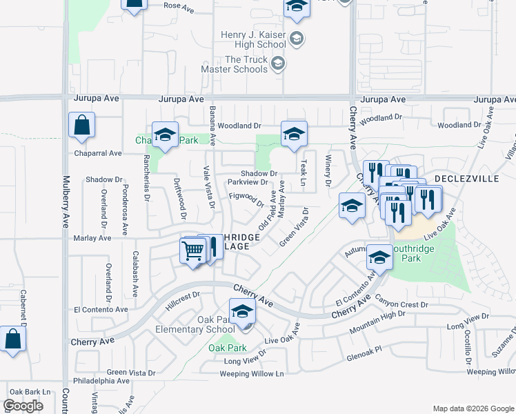 map of restaurants, bars, coffee shops, grocery stores, and more near 11612 Monterra Drive in Fontana