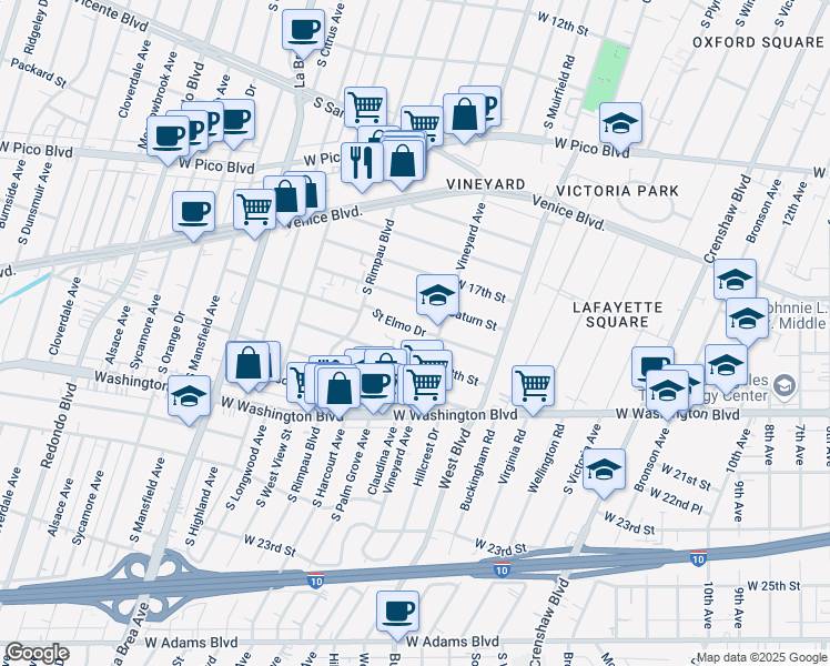 map of restaurants, bars, coffee shops, grocery stores, and more near 4624 Saint Elmo Drive in Los Angeles