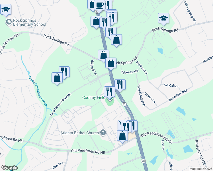 map of restaurants, bars, coffee shops, grocery stores, and more near 44 Braves Avenue in Lawrenceville