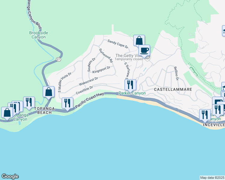 map of restaurants, bars, coffee shops, grocery stores, and more near 18074 Coastline Drive in Malibu