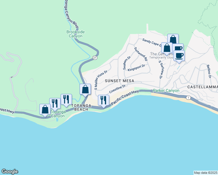 map of restaurants, bars, coffee shops, grocery stores, and more near 18354 Wakecrest Drive in Malibu