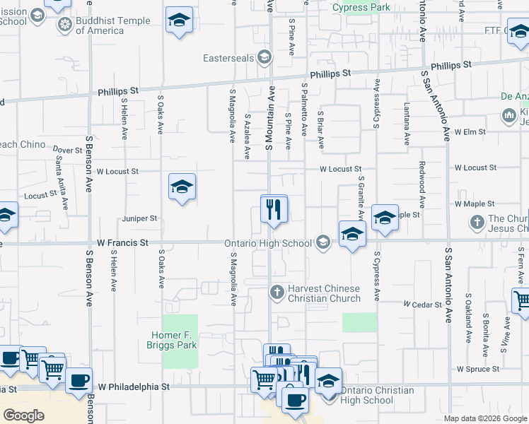 map of restaurants, bars, coffee shops, grocery stores, and more near 1706 South Mountain Avenue in Ontario