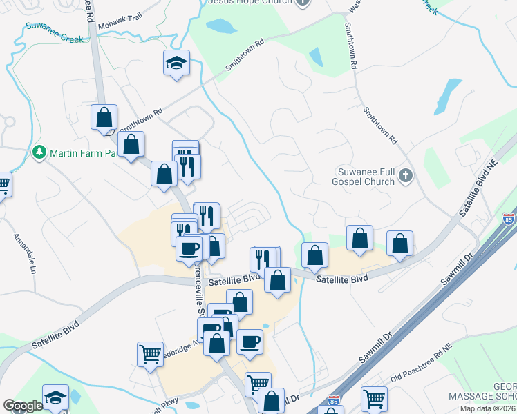 map of restaurants, bars, coffee shops, grocery stores, and more near 318 Privet Circle in Suwanee