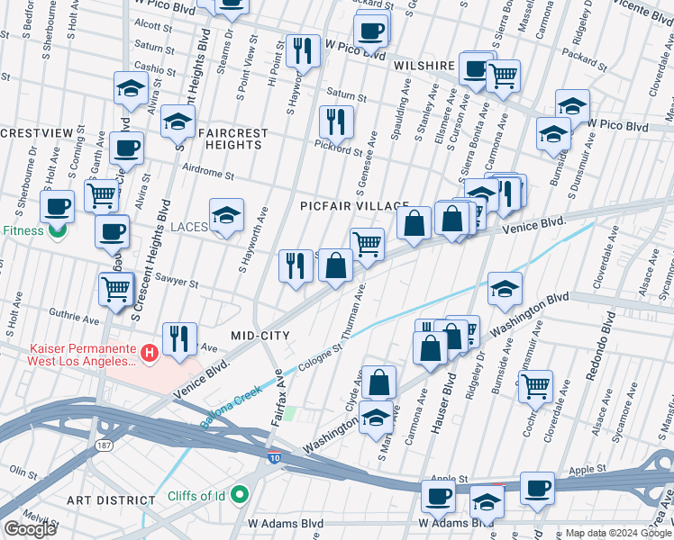 map of restaurants, bars, coffee shops, grocery stores, and more near 1816 South Genesee Avenue in Los Angeles