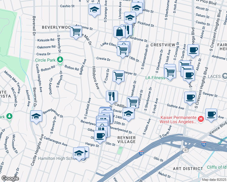 map of restaurants, bars, coffee shops, grocery stores, and more near 11-07 South Robertson Boulevard in Los Angeles