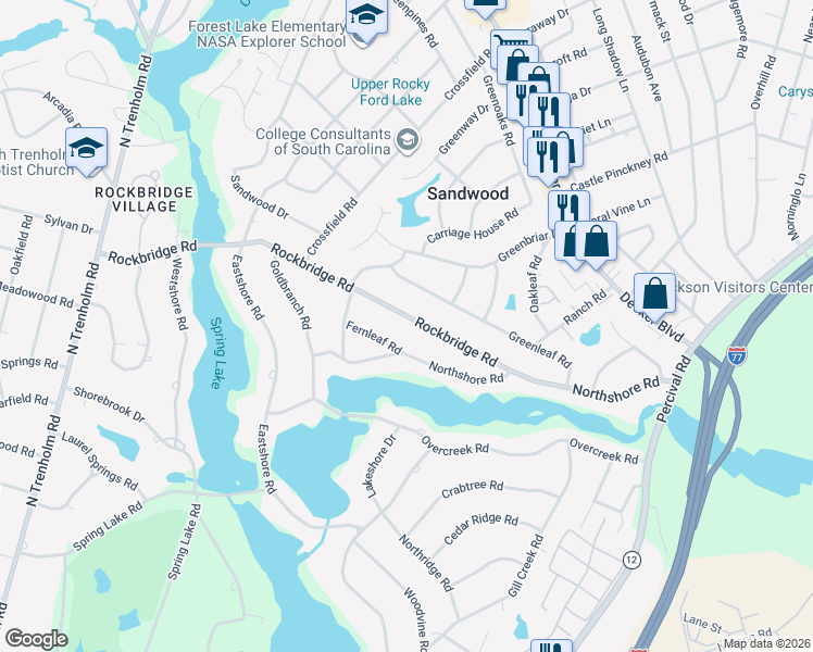 map of restaurants, bars, coffee shops, grocery stores, and more near 3800 Rockbridge Road in Columbia