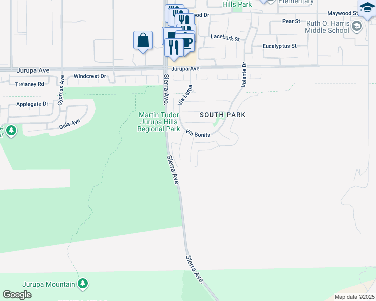 map of restaurants, bars, coffee shops, grocery stores, and more near 11632 Vía Montana in Fontana