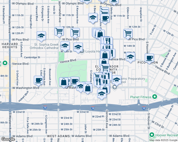 map of restaurants, bars, coffee shops, grocery stores, and more near 1683 South Catalina Street in Los Angeles