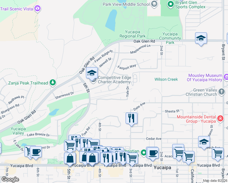 map of restaurants, bars, coffee shops, grocery stores, and more near 34593 Princeton Drive in Yucaipa