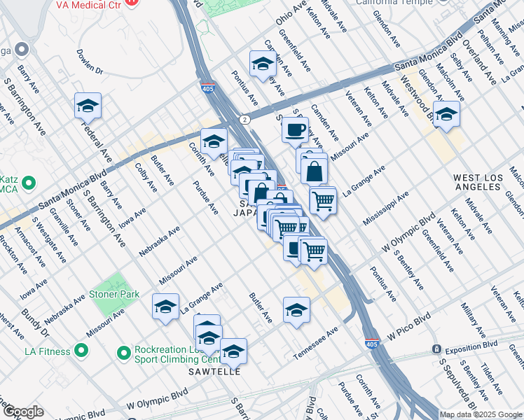 map of restaurants, bars, coffee shops, grocery stores, and more near Sawtelle Blvd & Missouri Ave in Los Angeles