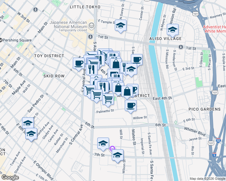 map of restaurants, bars, coffee shops, grocery stores, and more near 432 Colyton Street in Los Angeles