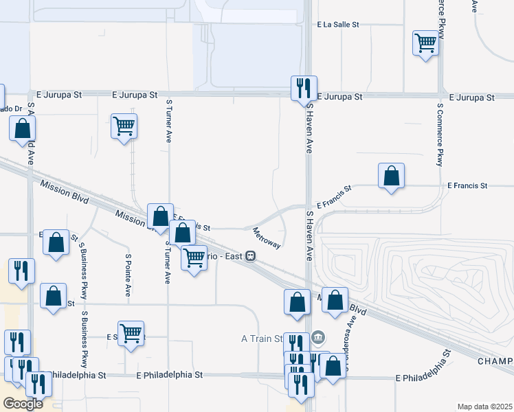 map of restaurants, bars, coffee shops, grocery stores, and more near 3371 East Francis Street in Ontario