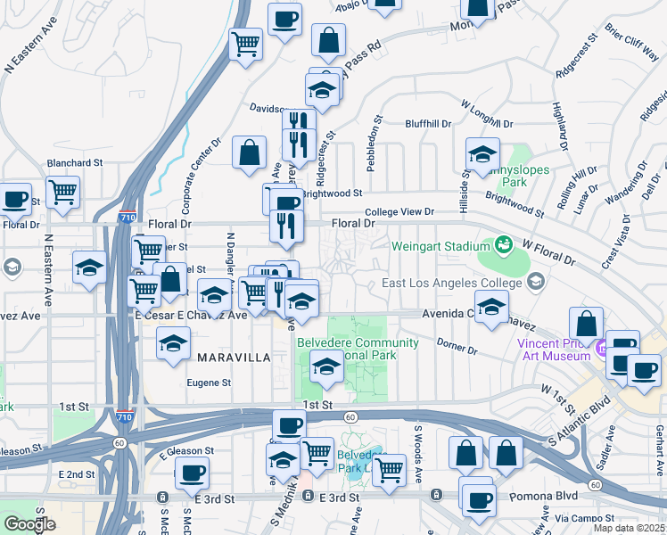 map of restaurants, bars, coffee shops, grocery stores, and more near 505 Colonia de Los Cedros in Los Angeles