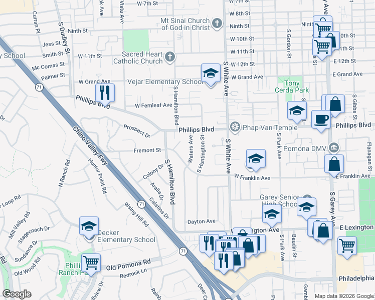map of restaurants, bars, coffee shops, grocery stores, and more near 1575 Waters Avenue in Pomona