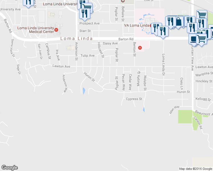map of restaurants, bars, coffee shops, grocery stores, and more near 25105 Crestview Drive in Loma Linda