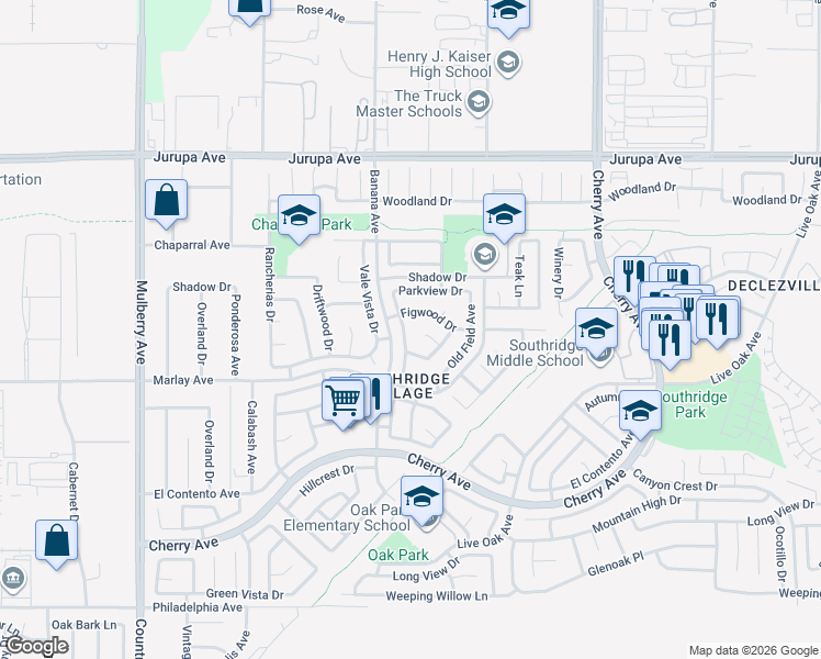 map of restaurants, bars, coffee shops, grocery stores, and more near 11609 Fernwood Avenue in Fontana