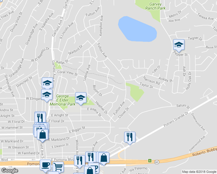 map of restaurants, bars, coffee shops, grocery stores, and more near 1912 Mancha Way in Monterey Park