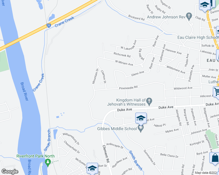 map of restaurants, bars, coffee shops, grocery stores, and more near 231 Pineneedle Road in Columbia