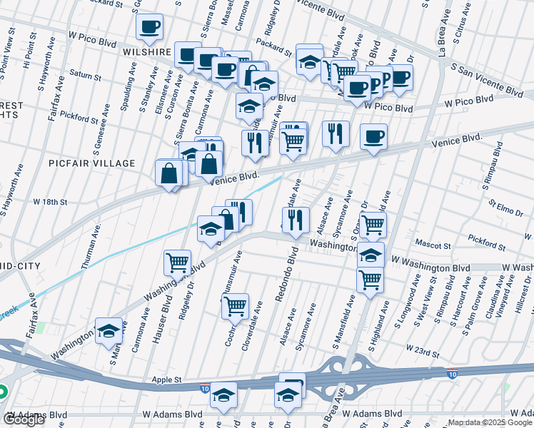 map of restaurants, bars, coffee shops, grocery stores, and more near 1862 South Cochran Avenue in Los Angeles
