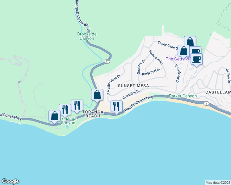 map of restaurants, bars, coffee shops, grocery stores, and more near 18419 Wakecrest Drive in Malibu
