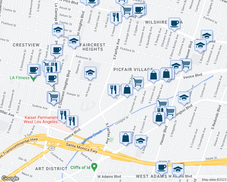 map of restaurants, bars, coffee shops, grocery stores, and more near 1816 South Orange Grove Avenue in Los Angeles