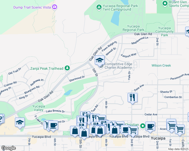 map of restaurants, bars, coffee shops, grocery stores, and more near 34393 Sherwood Drive in Yucaipa