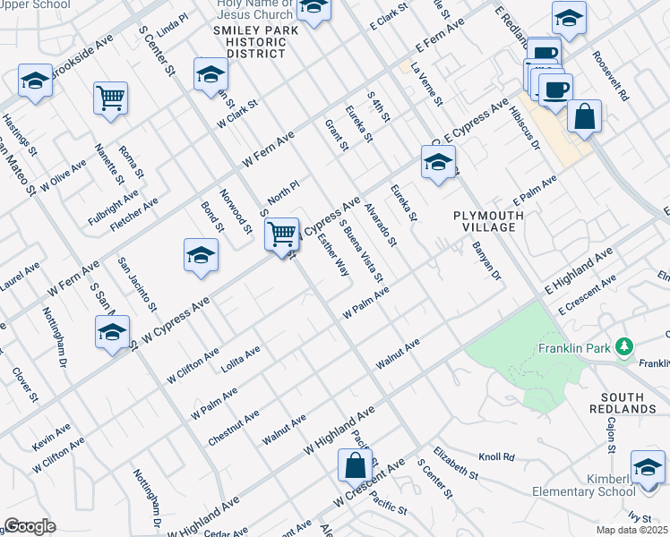 map of restaurants, bars, coffee shops, grocery stores, and more near 638 Esther Way in Redlands