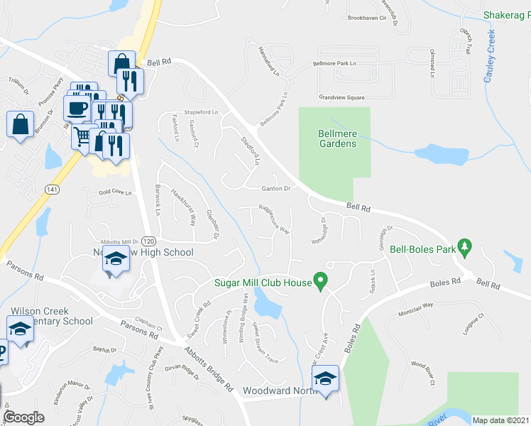 map of restaurants, bars, coffee shops, grocery stores, and more near 1110 Rugglestone Way in Duluth