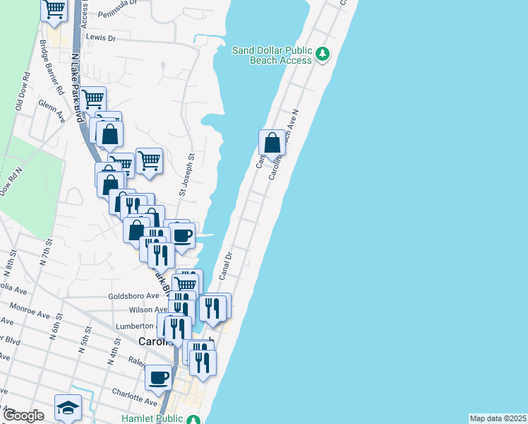 map of restaurants, bars, coffee shops, grocery stores, and more near 707 Carolina Beach Avenue North in Carolina Beach
