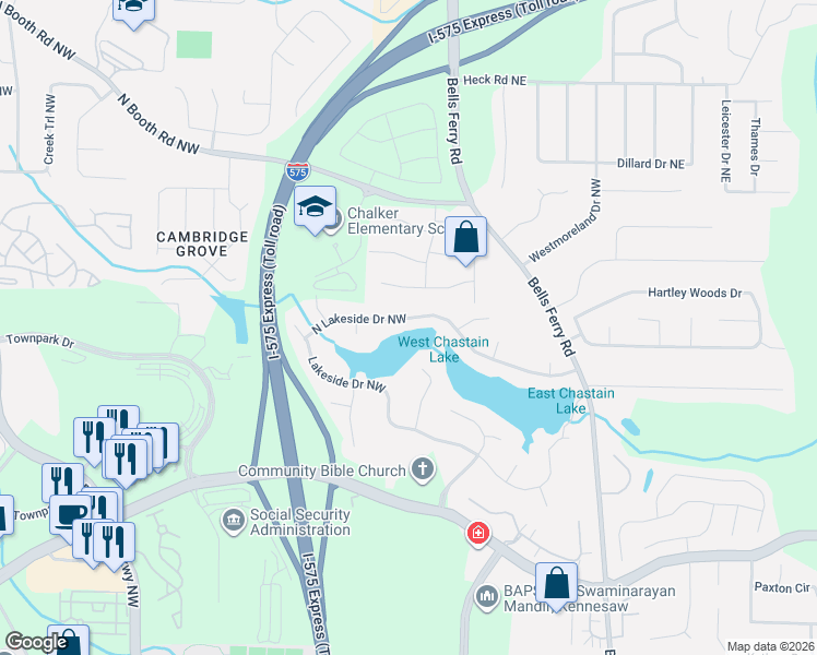 map of restaurants, bars, coffee shops, grocery stores, and more near 120 Lakeside Drive Northwest in Kennesaw