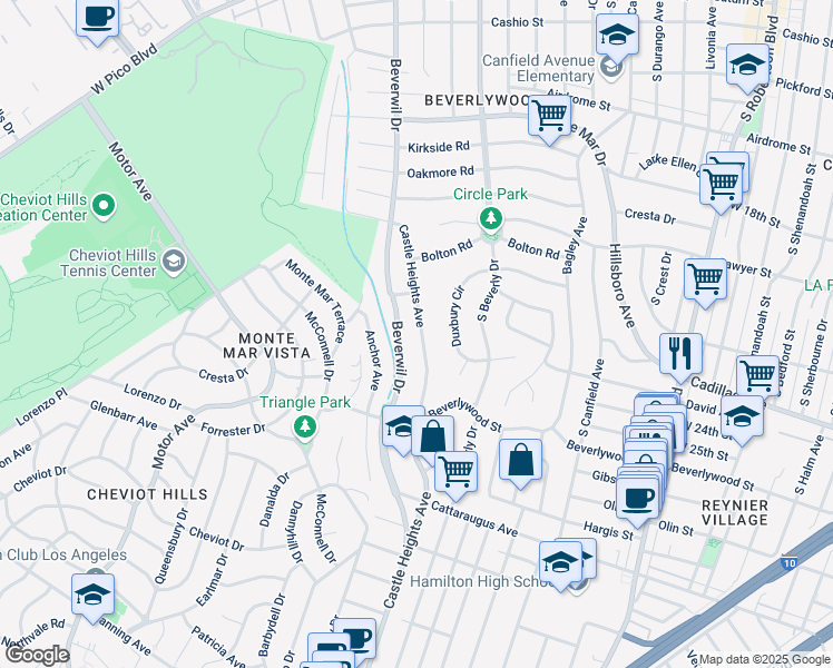 map of restaurants, bars, coffee shops, grocery stores, and more near 2345 Castle Heights Avenue in Los Angeles