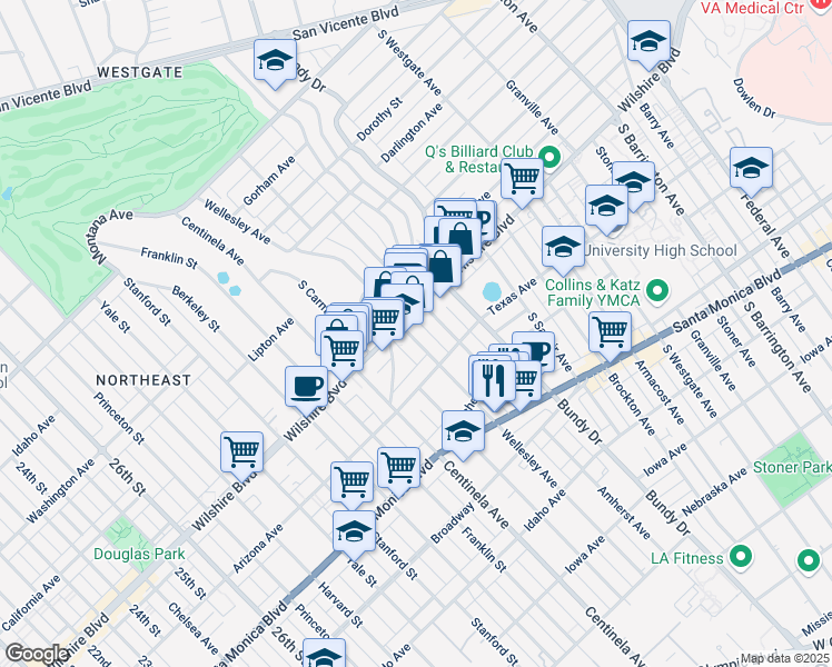map of restaurants, bars, coffee shops, grocery stores, and more near 12222 Wilshire Boulevard in Los Angeles