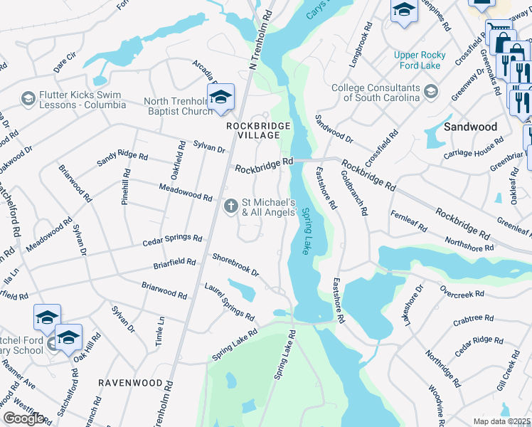 map of restaurants, bars, coffee shops, grocery stores, and more near 6467 Bridgewood Road in Columbia