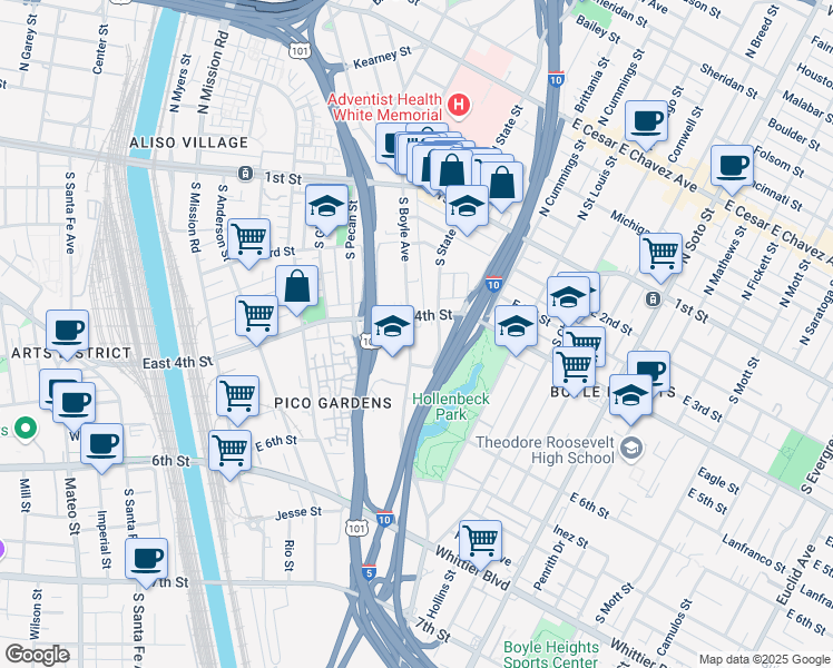 map of restaurants, bars, coffee shops, grocery stores, and more near 416 South Boyle Avenue in Los Angeles