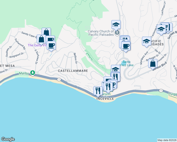 map of restaurants, bars, coffee shops, grocery stores, and more near 17463 Tramonto Drive in Los Angeles