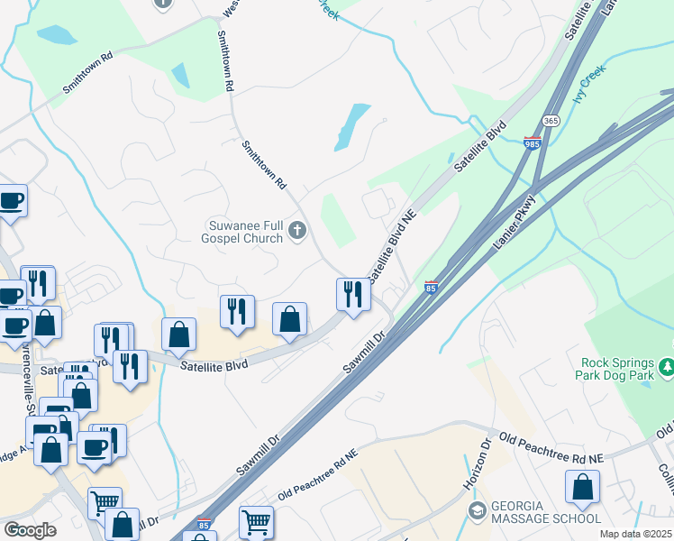 map of restaurants, bars, coffee shops, grocery stores, and more near 3235 Smithtown Road in Suwanee