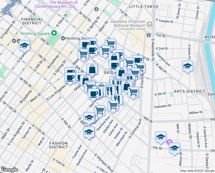 map of restaurants, bars, coffee shops, grocery stores, and more near 568 San Pedro Street in Los Angeles