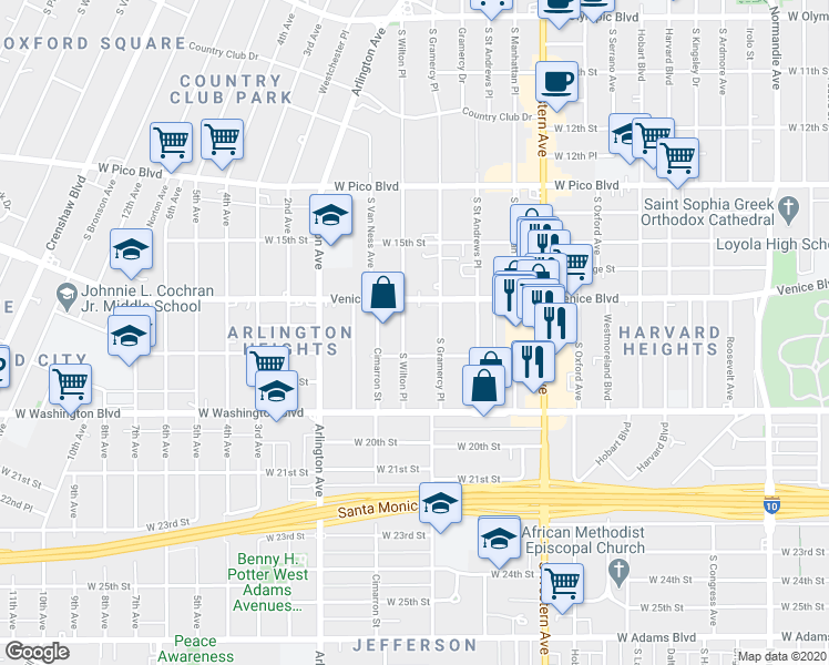 map of restaurants, bars, coffee shops, grocery stores, and more near 1634 South Wilton Place in Los Angeles
