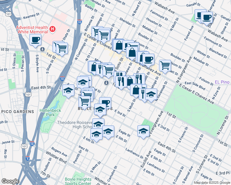 map of restaurants, bars, coffee shops, grocery stores, and more near 124 South Mathews Street in Los Angeles