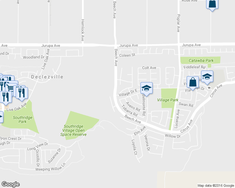 map of restaurants, bars, coffee shops, grocery stores, and more near 15326 Bolero Drive in Fontana