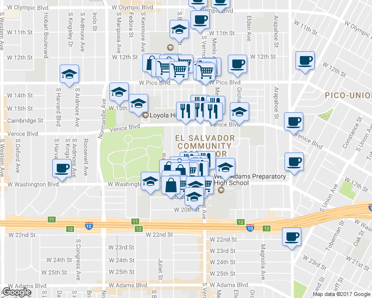 map of restaurants, bars, coffee shops, grocery stores, and more near 1712 South Berendo Street in Los Angeles